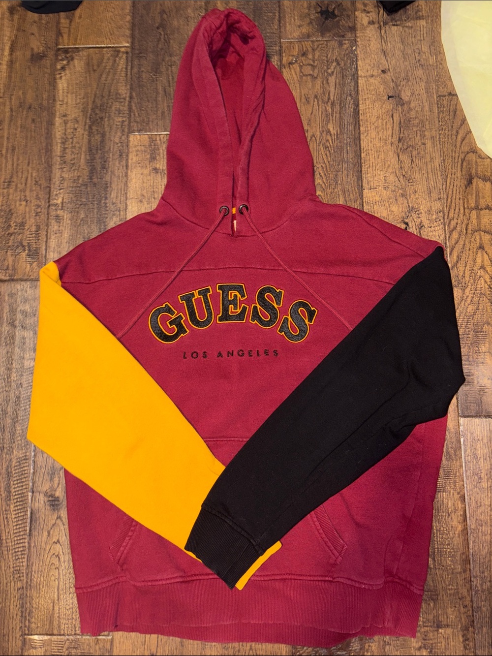 GUESS Men's Colorblock Hoodie in Maroon with Yellow & Black Sleeves